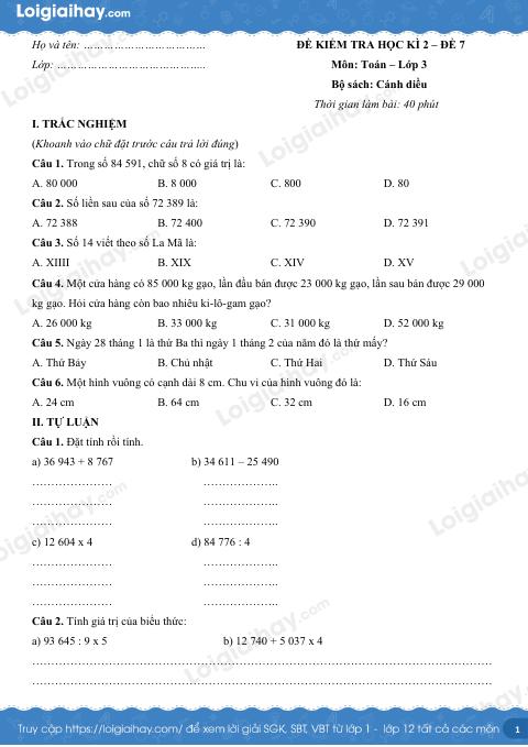 Đề kiểm tra học kì 2 Toán 3 Cánh diều - Đề số 7
